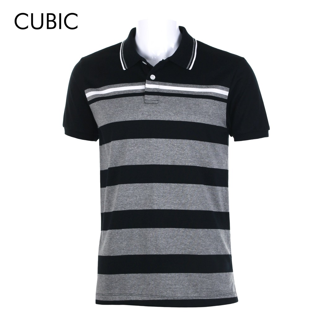 black and grey striped polo shirt