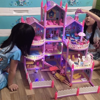 Doll House Free Dolls + LED lamp Princess Castle Simulation House For Girls Villa DIY Birthday Gifts