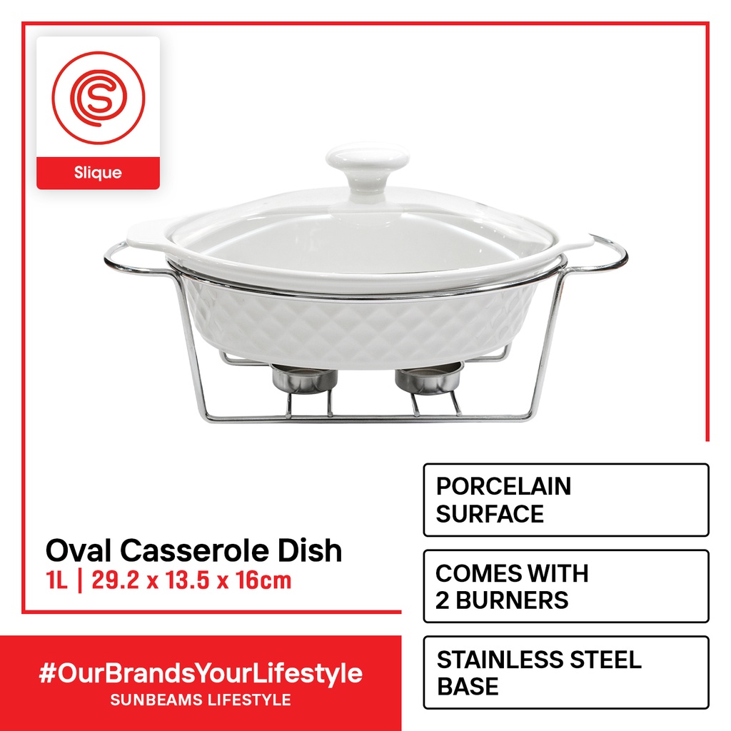 SLIQUE Ceramic Oval Serving Dish w/ Glass Lid and Metal Stand w