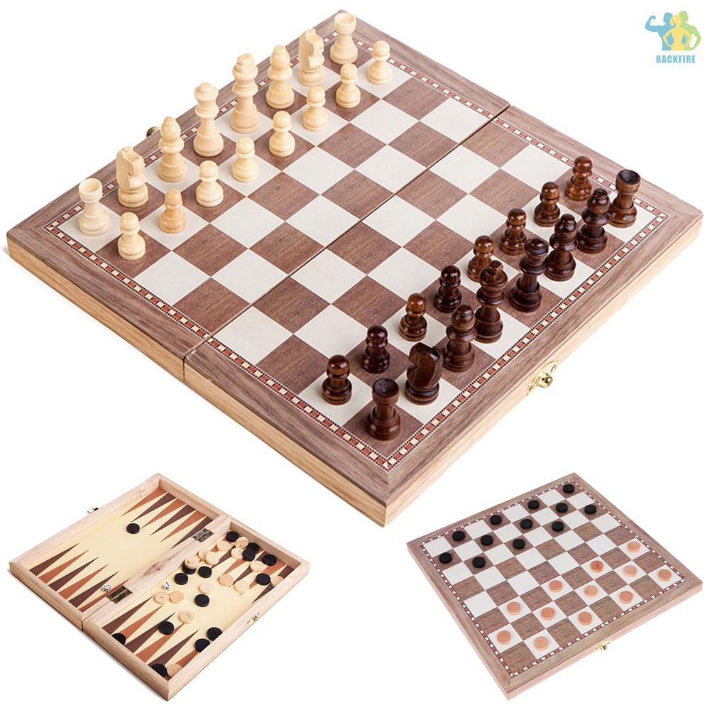 3-in-1 Multifunctional Wooden Chess Set Folding Chessboard Game Travel 