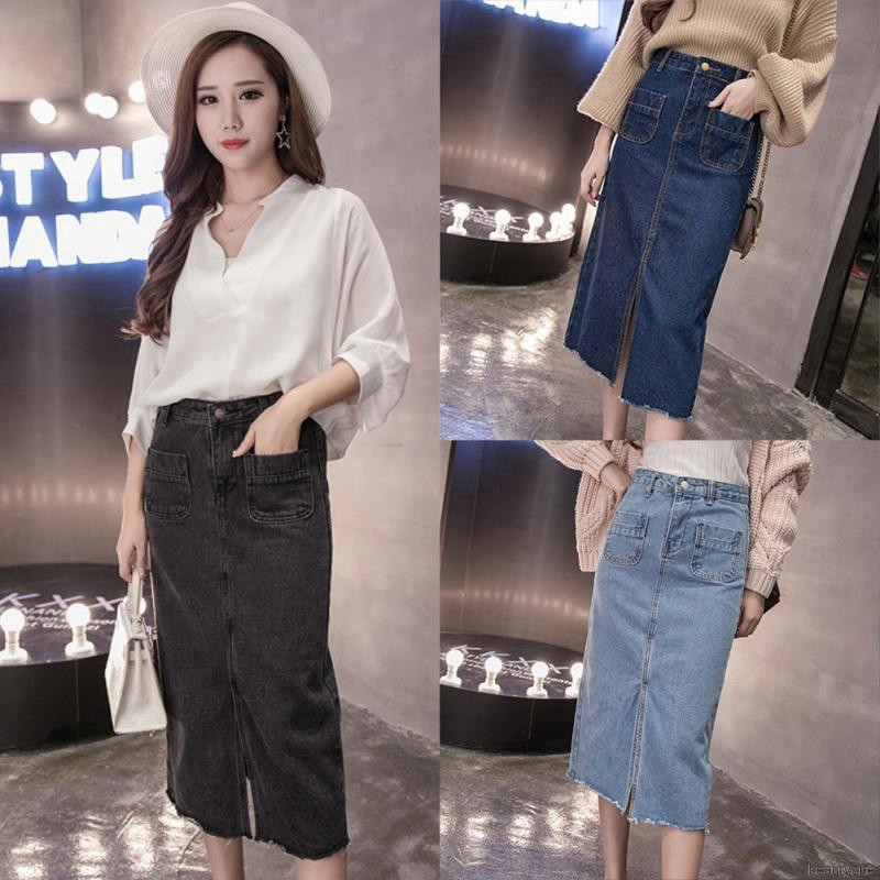 high waisted denim maxi skirt