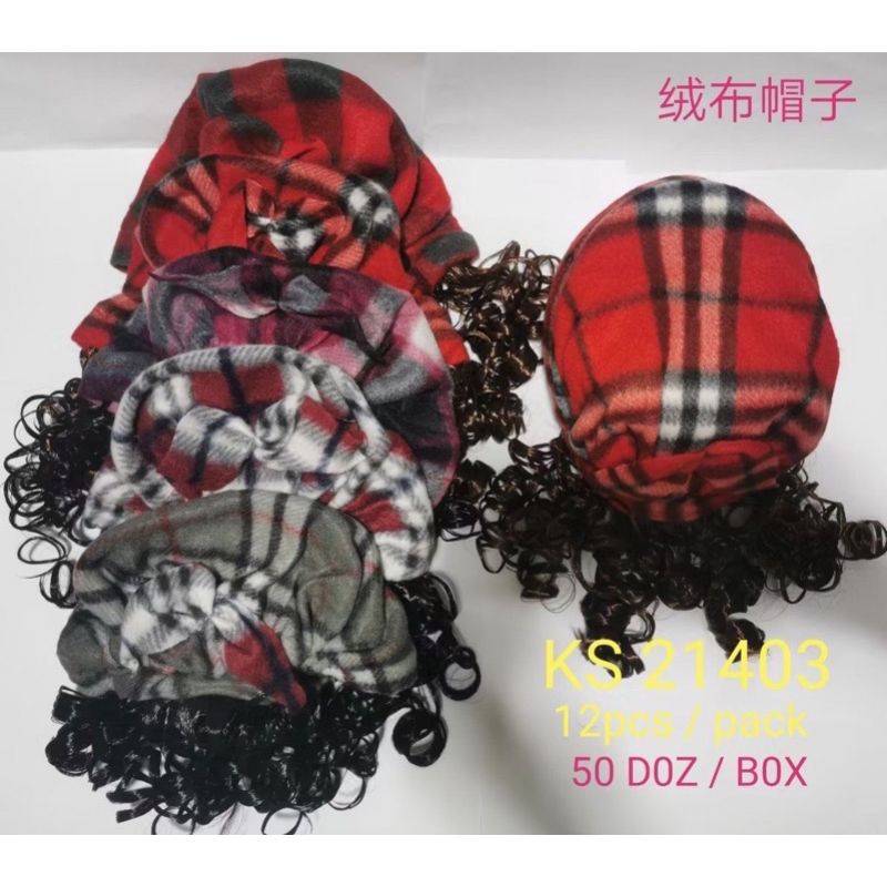 Checkered Cap With Curly Fake Hair Hat Wig Flannel Hat For Kids
