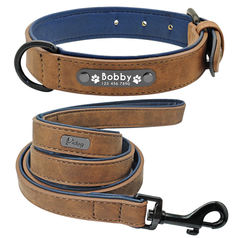 Premium Leather Padded Personalized Dog Collar and Matching Leash Set XS S L XL 