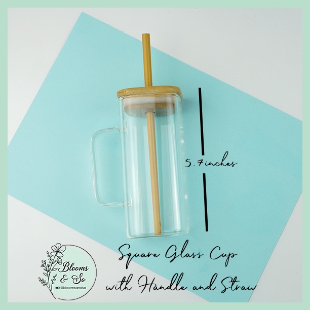 Square Glass Cup with Handle, Bamboo Lid and Straw 370ml Shopee