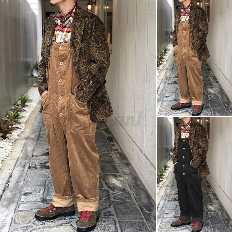 Mens Retro Fashion Corduroy Casual Overalls Jumpsuits Dungarees Suspenders Pants 