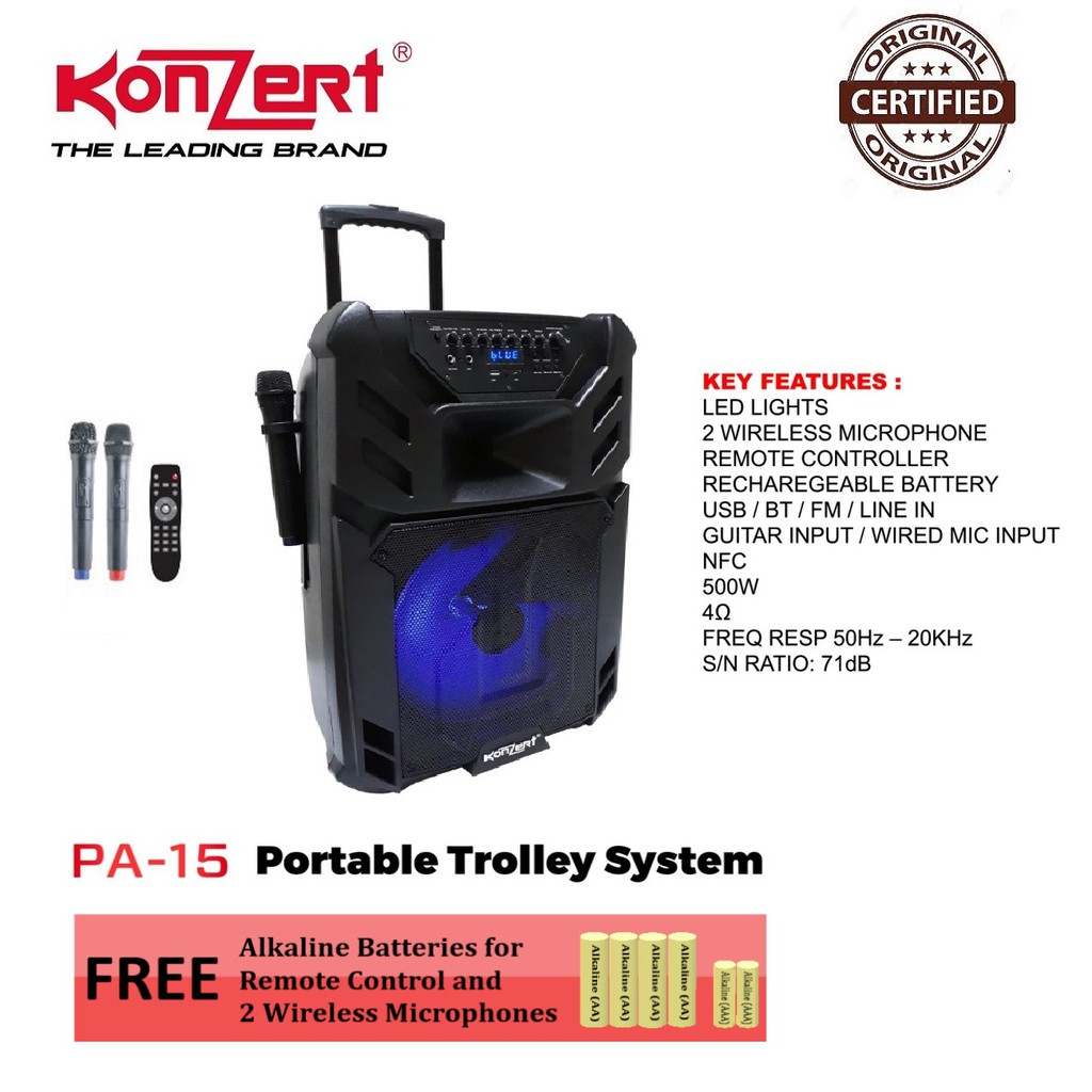 Konzert Pa 15 15 Inch 500w Portable Trolley Speaker With Usb Sd Fm Radio Bt 2 Wireless Mic Shopee Philippines