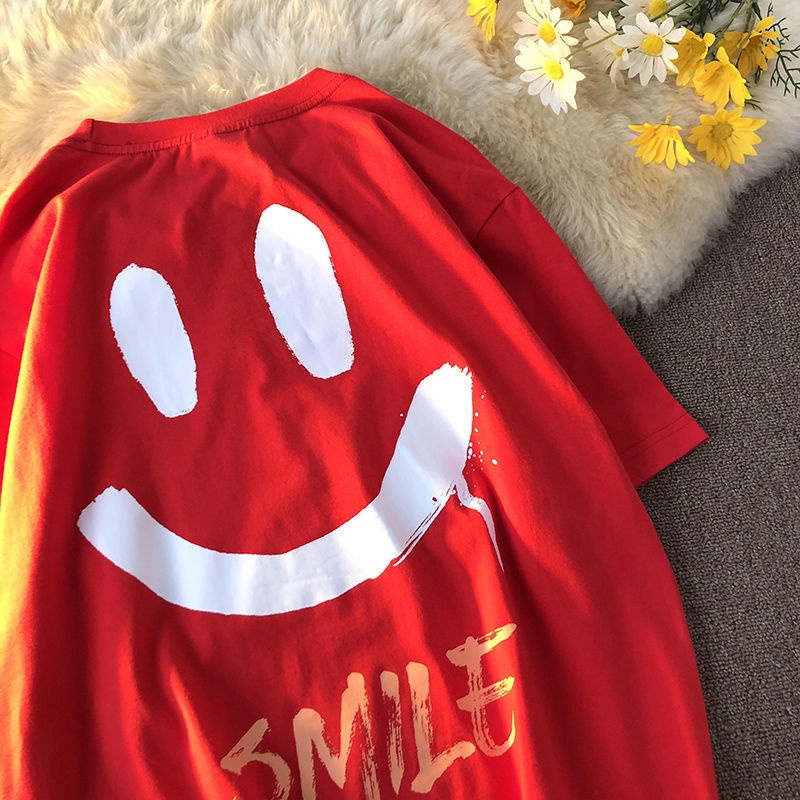 【Pure Cotton/Plus Size】Smile Face Emoji Printed Plus Size Cotton T-shirt Unisex Round Neck Short Sleeves Oversized T-shirt 100% Cotton Big Size Loose Fit Casual Tops For Men Wom