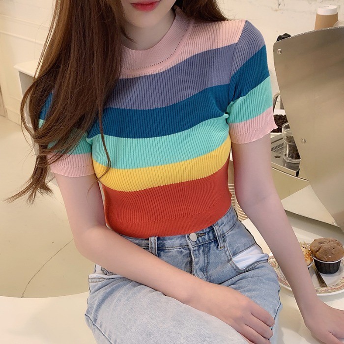 Korean Top Crop Top CropTop Knitted Top Rainbow Stripes Short Sleeve ...