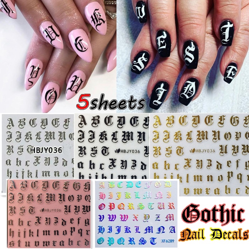 5pcs Mixed Random Nail Art 3d Decal Stickers Alphabet Letters White Black Gold Laser Acrylic Nails Shopee Philippines