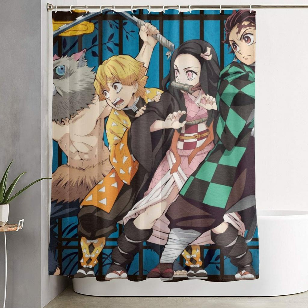 Demon Slayer Anime Art Waterproof Shower Curtain Bath Wall Hangings Decor Hooks