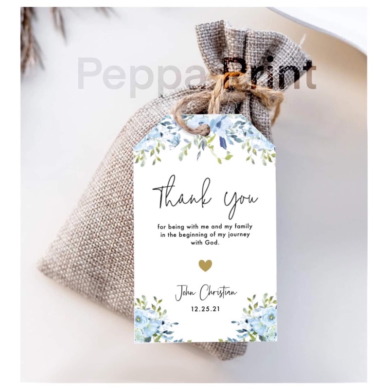 Blue floral souvenir hang tags for baptism dedication birthday