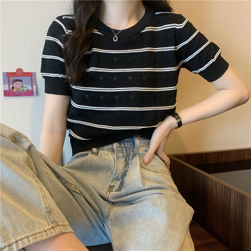 New Fashion Women Knitted Tops Round Neck Shortsleeve Knitted Blouse ...