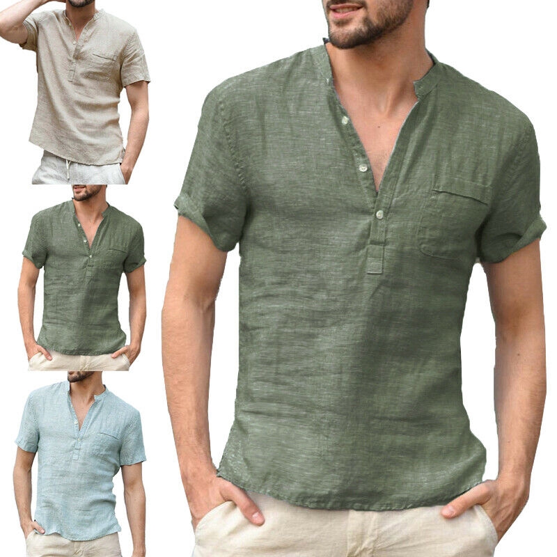 Men Henley Polo Shirt Tops Casual Loose V Neck Short Sleeve Pullover ...