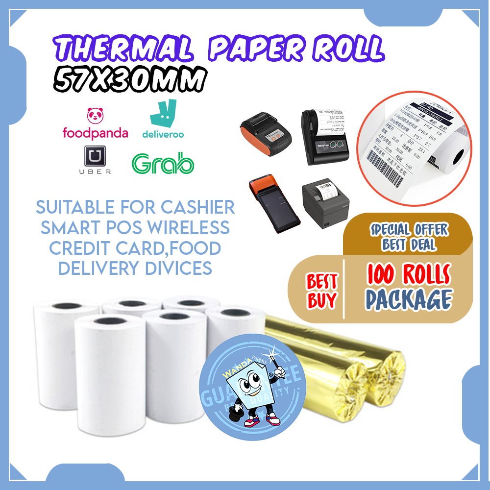 100 Roll Thermal paper 57mm x 30 mm for POS Foodpanda Paperang Thermal