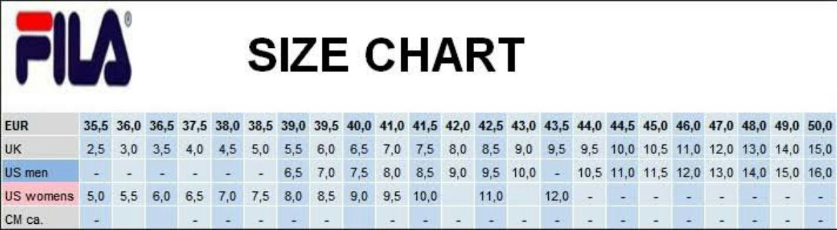 Fila shoes deals size chart korea