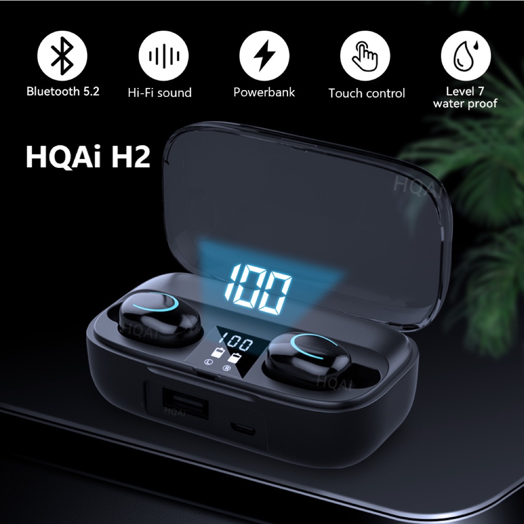 HQAi H2 TWS Bluetooth Earphones with Powerbank Buildin MiC Wireless 5.