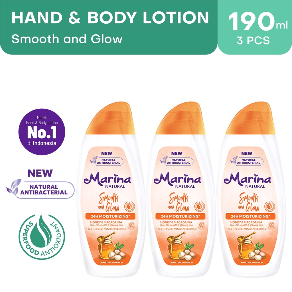 Marina Natural Hand Body Lotion Smooth & Glow 3pcs ^190ml