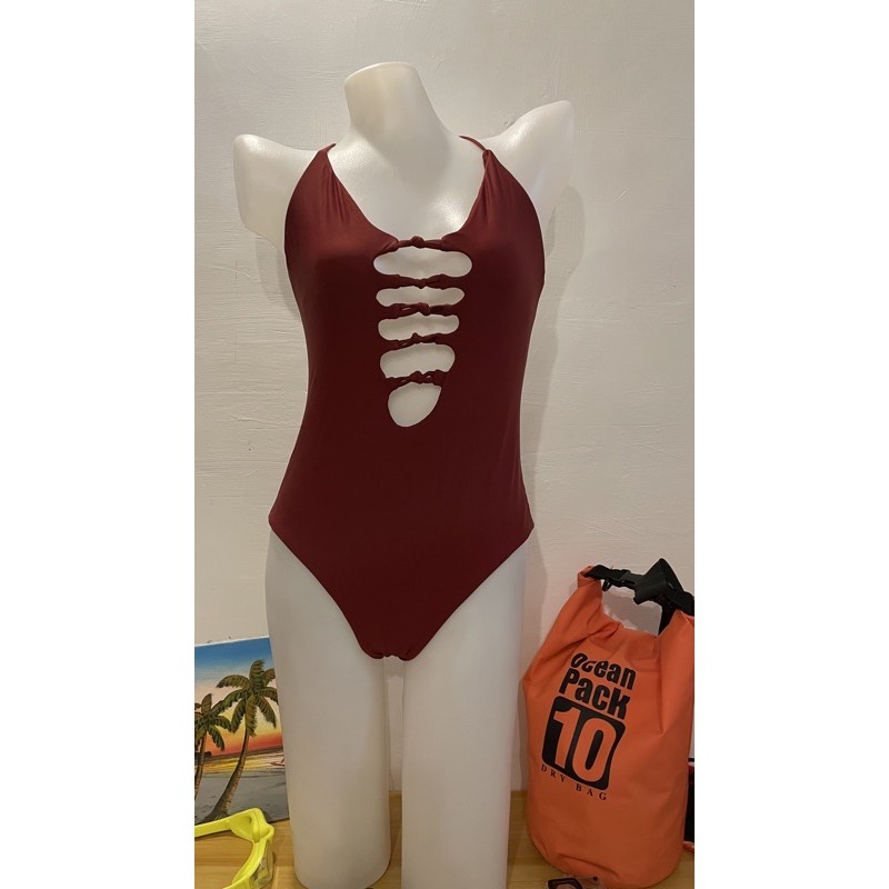 brown one piece swim