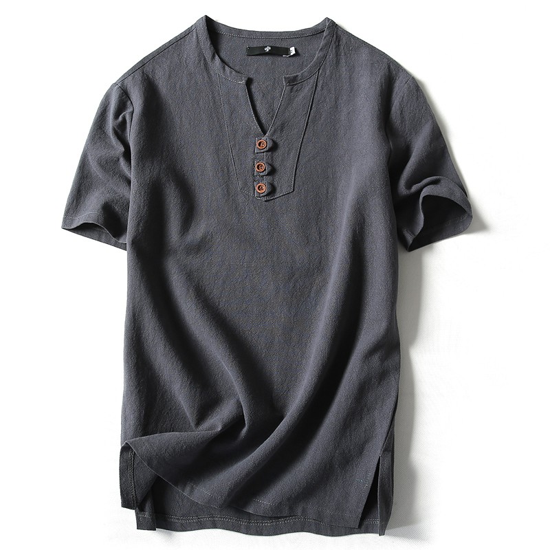Mens Chinese Style Linen V Neck Tops Casual Short Sleeve Loose Blouse T-shirt US 