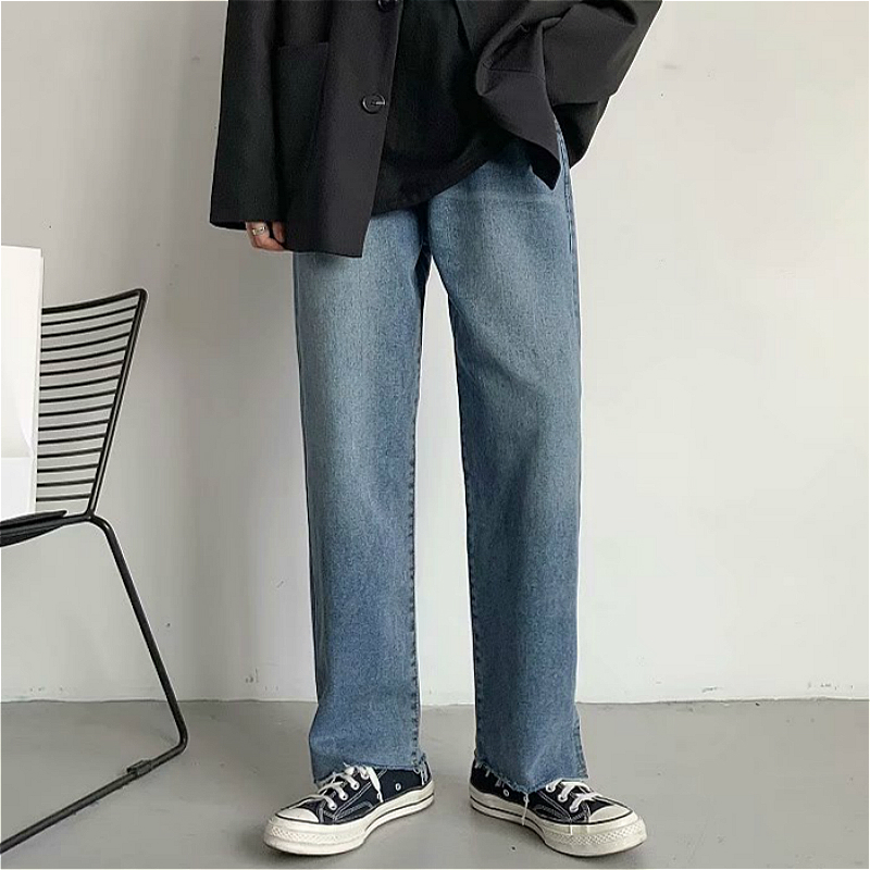 Men's Jeans Korea Ins Retro Blue Men Straight Pants Mid Waist Slim ...