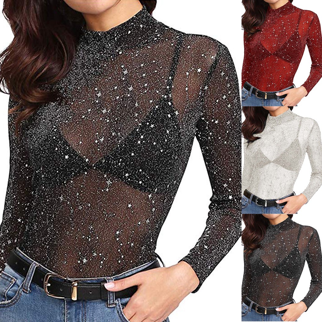 Women Mesh Sheer Blouse See Through Long Sleeve Top Shirt Blouse