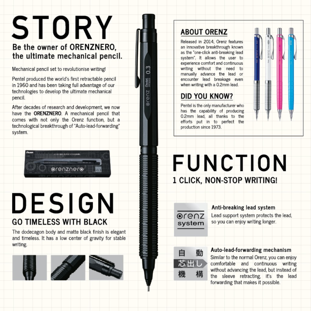 PP3002-A Black Body Pentel Mechanical Pencil Orenz Nero 0.2mm 