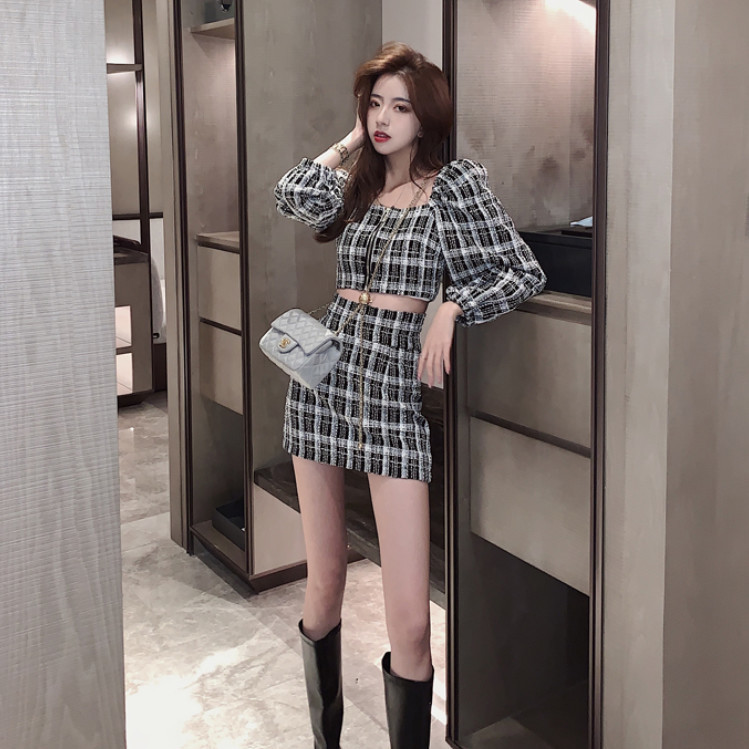 Set Korean Version of the NewinsCropped Top+High Waist Skirt Chanel Style  Plaid Two-Piece Set | Shopee Philippines