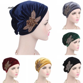 【SD】Beads Flower Women Cancer Chemo Velvet Hat Muslim Beanie Turban Head Wrap Cap