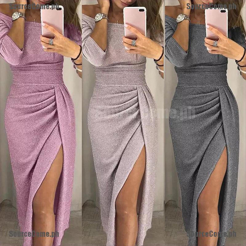 shiny off shoulder ruched thigh slit dress