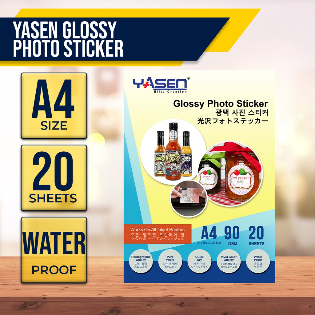 Yasen Glossy Photo Sticker Paper Inkjet Sticker Waterproof A4 90GSM 20