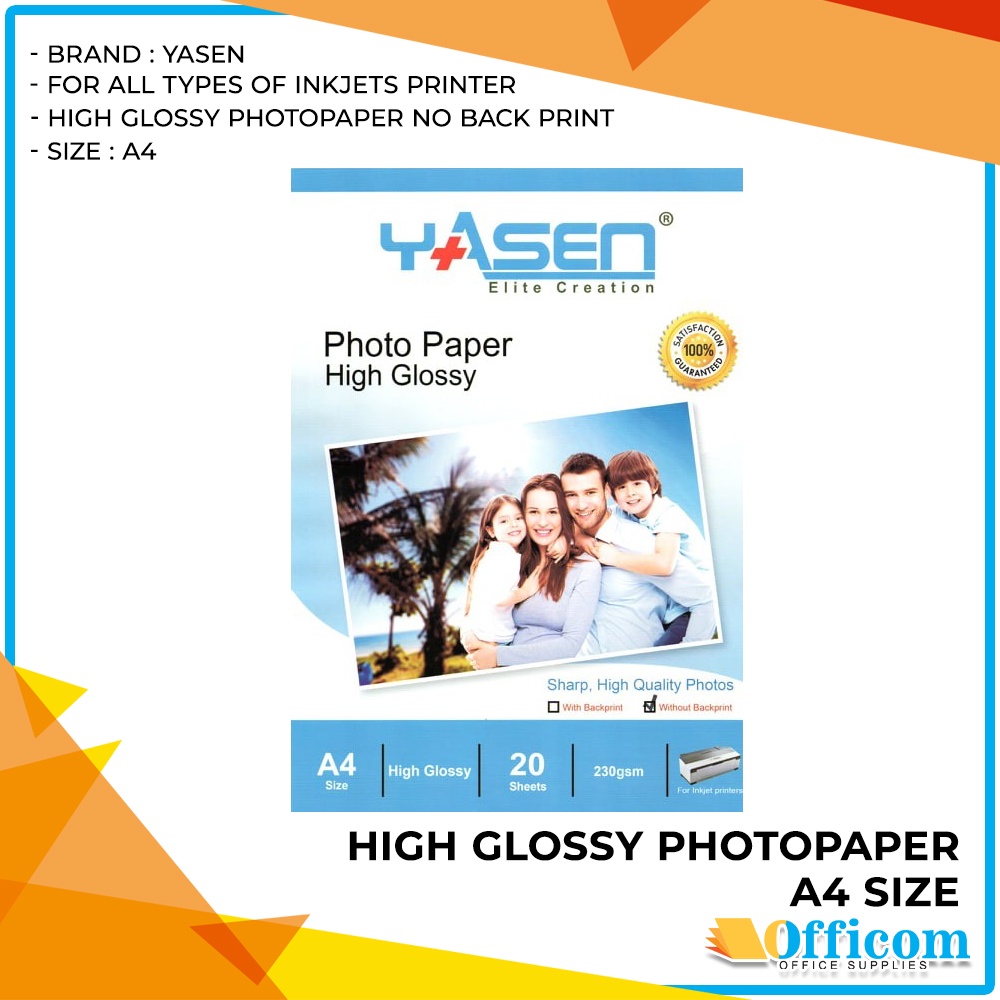 Yasen No Back Print Glossy Inkjet Photo Paper A4 Size 115 Gsm135 Gsm180 Gsm210 Gsm230 Gsm 7633