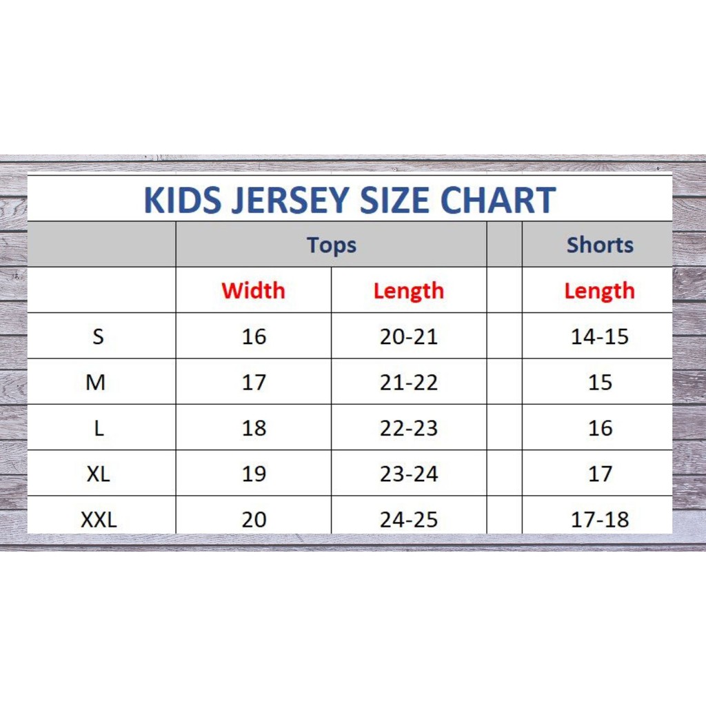 kids jersey size chart