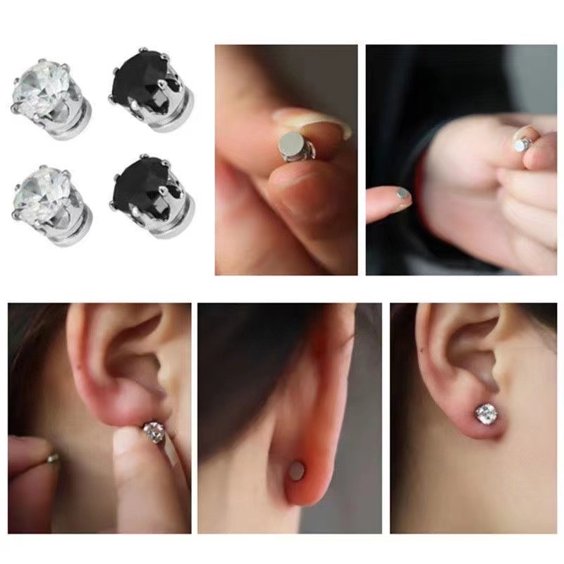 [12pair]Magnetic Zircon Diamond Earring No Piercing Clip on Ear Stud Unisex Magnet Ear Stud Earring