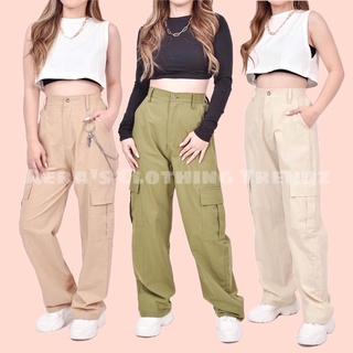 Korean Straight High Waist Cotton Linen Cargo Trouser Pants Wide Leg Trouser Pants (Limited Only)