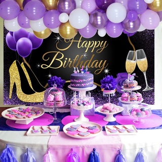 JOYMEMO Purple and Gold Party Decorations for Women Adults Happy Birthday Backdrop Party Supplies Purple Gold Balloon Garland Arch Kit Purple Happy Birthday Decor #4