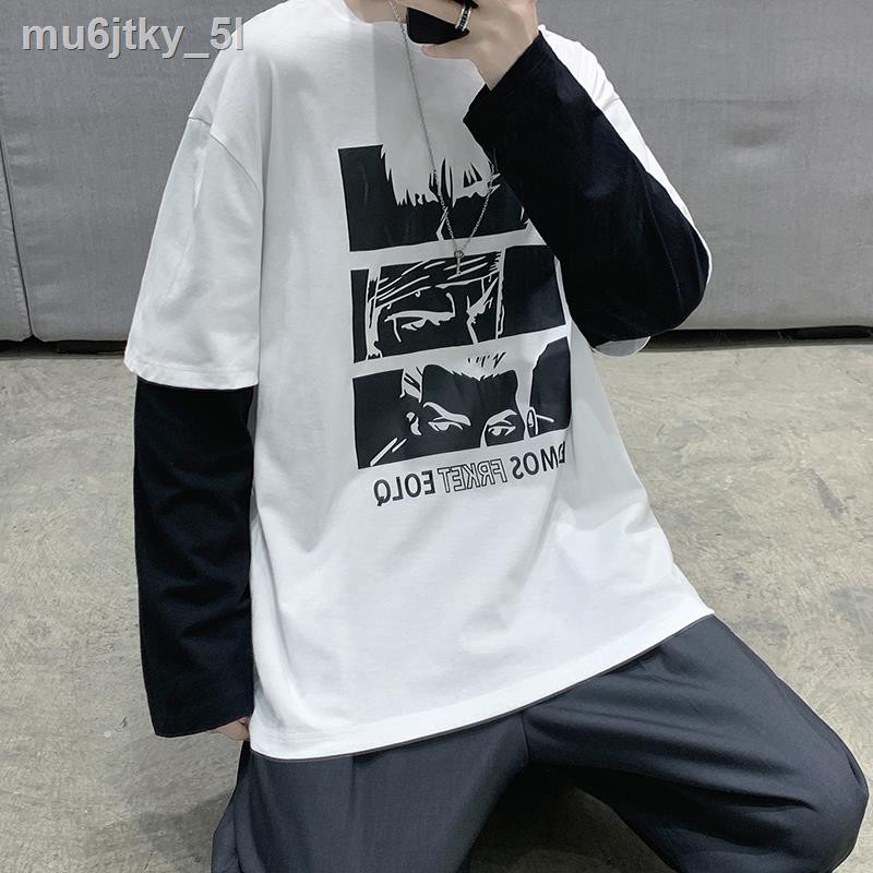 ∈❣Hong Kong flavor ins fake two-piece anime long-sleeved t-shirt male large  size loose high street | Shopee Philippines