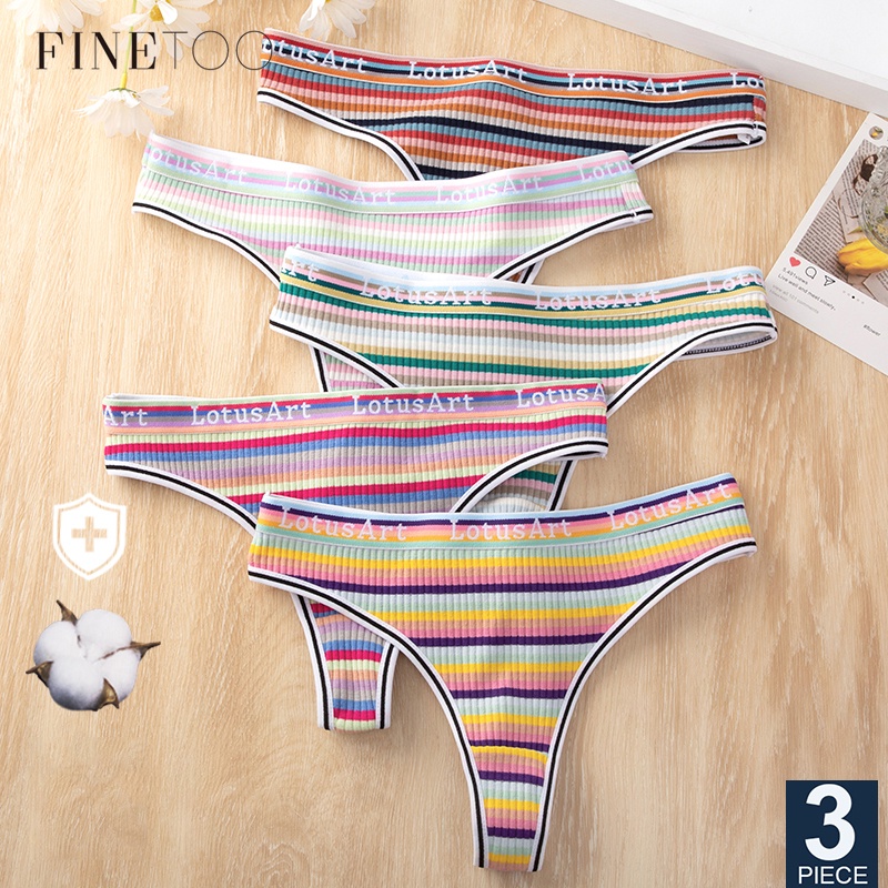 Finetoo 3pcsset Women Cotton Thongs Seamless G String Sexy Panties Colorful Striped Lingerie M 