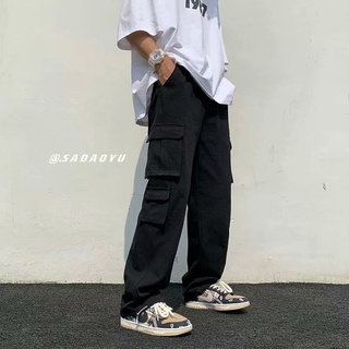 cod/Black/White Pocket Cargo Pants For Men Solid Color Overalls Loose Straight Sports Trousers Korean Fashion