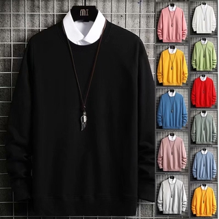 【8 color】High Quality Unisex Crew Neck Plain Sweater (M-3XL) T-shirt Trendy Pure Cotton Long-Sleeve Pullover Loose Sweatshirts for Men and Women