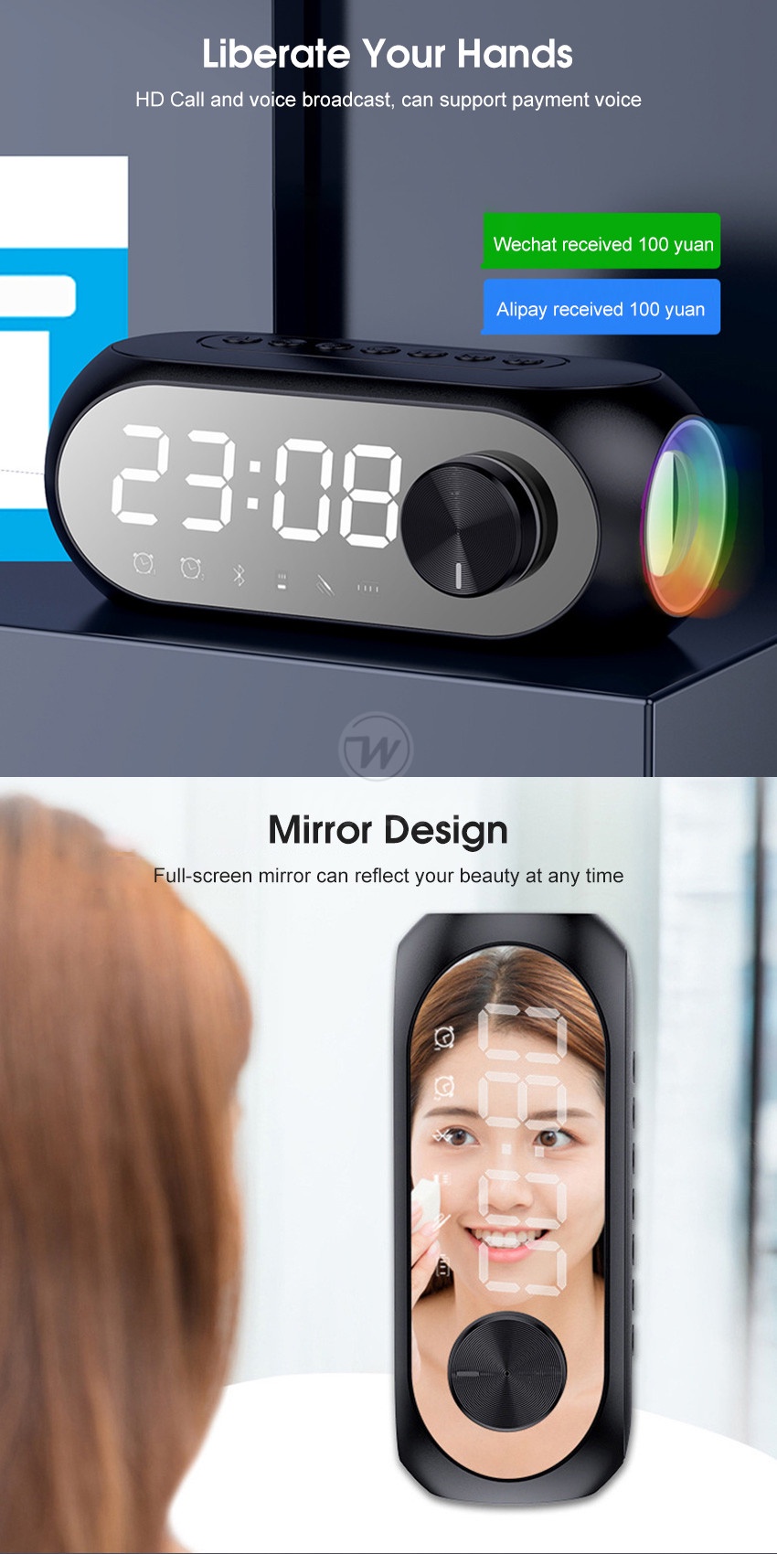 Wiresto Mirror Bluetooth Speaker Alarm Clock Bluetooth Speaker Digital