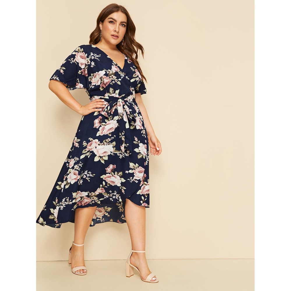 A2272 Floral Tie Waist Overlapped Plus Size Dress | Shopee Philippines