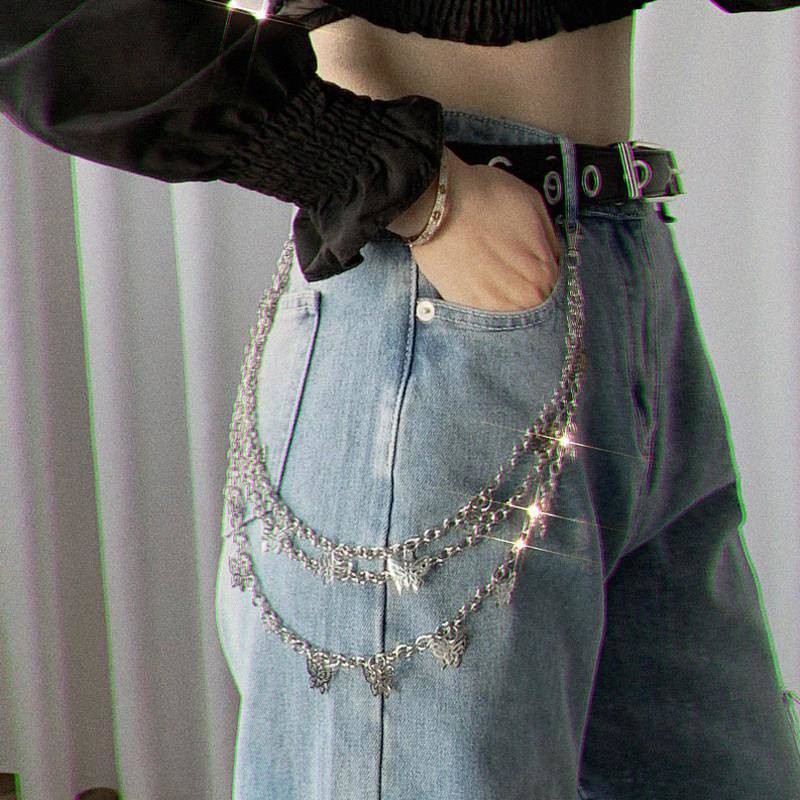 Ubjuliwa 8Pcs Chain Belt for Women Men Y2k Jean Pants Chain Goth Aesthetic Accessories Waist Chain Butterfly Lock Multi-Layer Chain Pocket Punk Hip Hop Rock Chains for Pants 