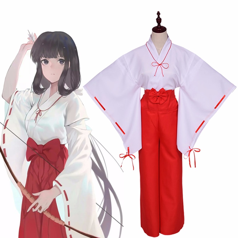 new anime inuyasha kikyo cosplay costume mikofuku japanese kimono samurai  clothing full set halloween party uniform wig clogs