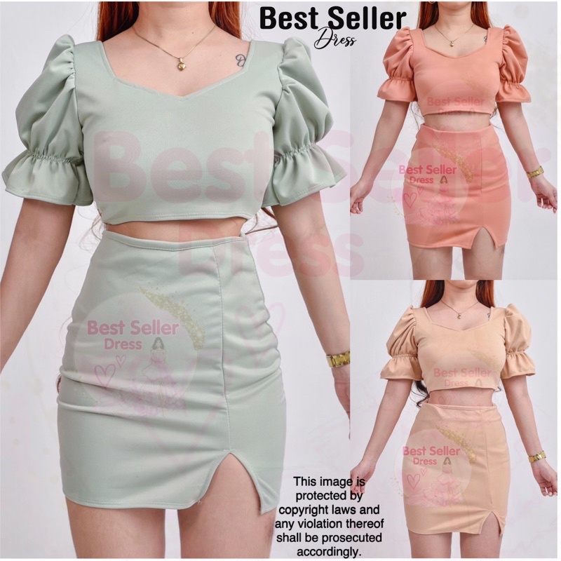 BEST SELLER LILY PUFF SLEEVES CROP TOP & MINI SLIT SKIRT SEXY VINTAGE ...