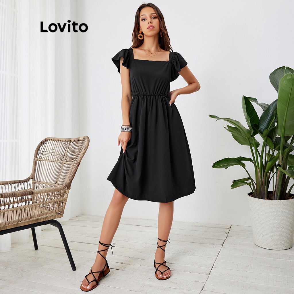 Lovito Boho Plain Ball Gown Square Neck Frill Sleeve Dress L24ld194