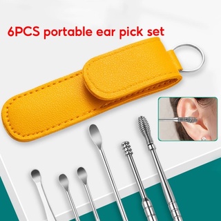 Silver Ear spoon Stainless steel 6Pcs set spiral ear pick earwax cleaner storage leather case