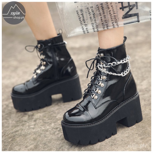 【ready Stock】 Patent Leather Gothic Black Boots Women Heel Sexy Chain