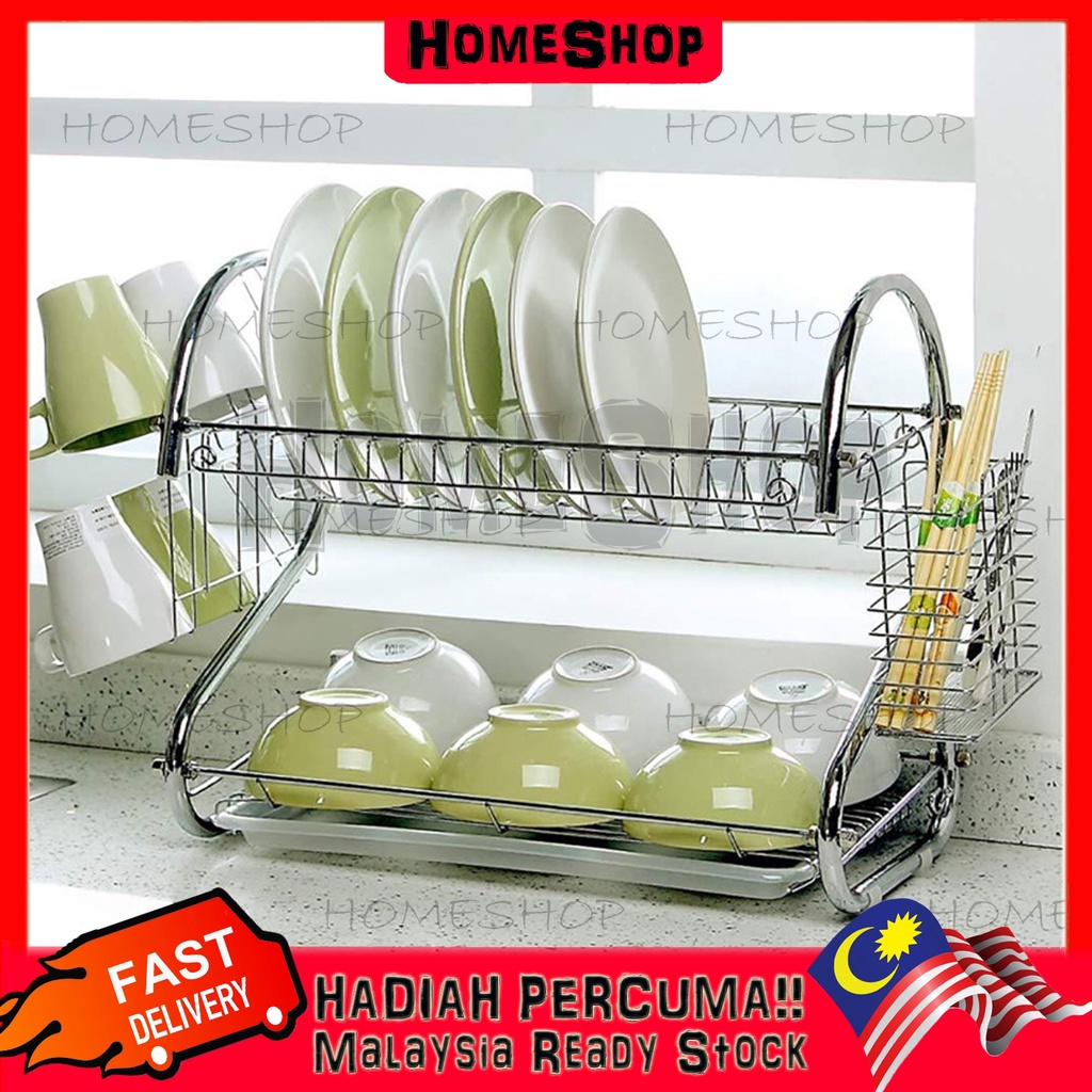 Rak Pinggan Stainless Steel 2 Layer S Shape Dish Rack Set with