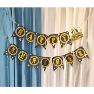 HAPPY NEW YEAR Gold letters Champagne bottle party decorations cardboard banner set w/string #2