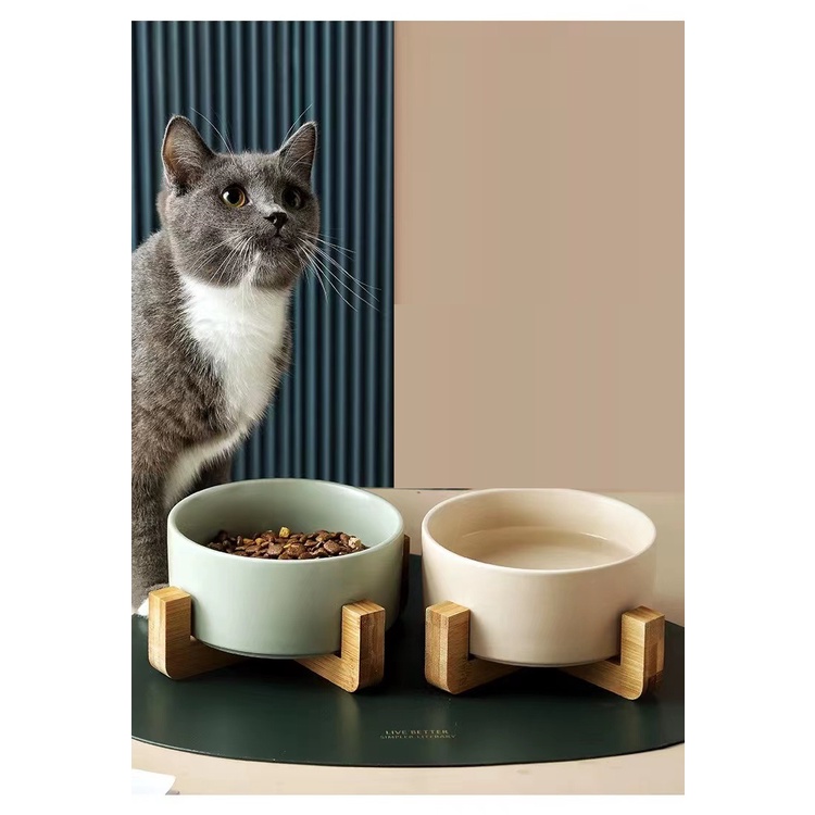 Ceramic Dog Cat Food And Water Bowls Set With Wooden Stand Modern Cute